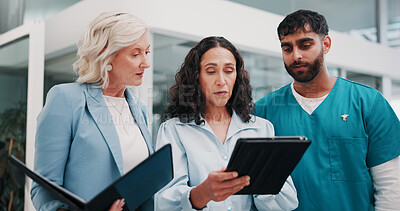 Buy stock photo Tablet, doctor and people with internet, medical planning and cooperation with online report. Teamwork, man and women with tech, results or review for clinical trial and email for research funding