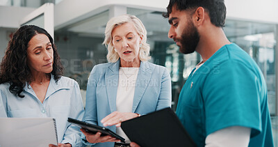 Buy stock photo Communication, hospital management or surgeon with tech, policy development or strategy for quality service. Serious, talk or people in hallway meeting, care standard or budget for healthcare plan