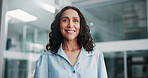 Portrait, manager and woman in office with smile, professional or leader for startup business. Happy, mission and mature entrepreneur in modern workplace, corporate success and management with space