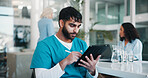 Medical, people and man in office with tablet, checklist and app for patient results. Concentration, healthcare and nurse in hospital with tech, telehealth and risk assessment in online report.
