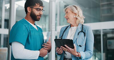 Buy stock photo Tablet, doctor and people in hospital, discussion and medical planning with results. Employees, man and woman with cooperation, tech or review for clinical trial, research and telehealth with meeting