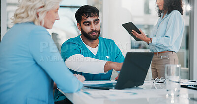 Buy stock photo People, laptop and doctor in meeting, feedback and healthcare with teamwork. Medical research, connection and employees in hospital, pc and email with diagnosis, discussion and clinic trial results