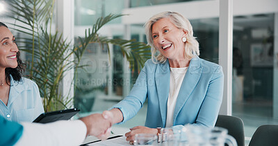 Buy stock photo Handshake, doctor and people in hospital, introduction and welcome with smile, thank you and hello. Greeting, healthcare and employees with agreement, shaking hands and onboarding with recruitment