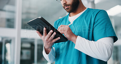 Buy stock photo Hands, medical and tablet with nurse in hospital for insurance, planning or research agenda. App, schedule and writing with man in clinic for healthcare internship or residency as student of medicine