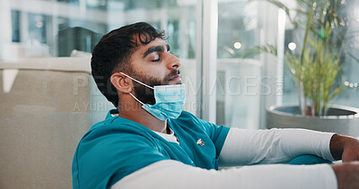 Buy stock photo Healthcare, loss and man in office with mask, stress and test result in surgery emergency. Medical, mental fatigue and nurse in clinic with scrubs, anxiety and bad news for patient diagnosis.