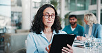Woman, tablet and meeting at hospital with scroll for checklist, review or problem solving for healthcare. Person, clinic director and tech for planning on app, team and medical research in boardroom