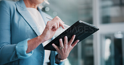 Buy stock photo Hands, office and business woman on tablet for online proposal, revenue growth and expense report. Stylus, corporate and mature person on digital tech for finance review, company budget and planning