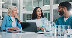 Doctor, conversation and people in meeting, documents and medical planning with hospital solution. Advice, healthcare professional or employees with problem solving, support or clinical trial results