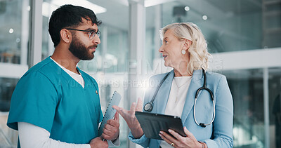 Buy stock photo Tablet, doctor and people in workplace, conversation and medical planning with cooperation. Employees, man and woman with discussion, tech or review for clinical trial, online report or collaboration