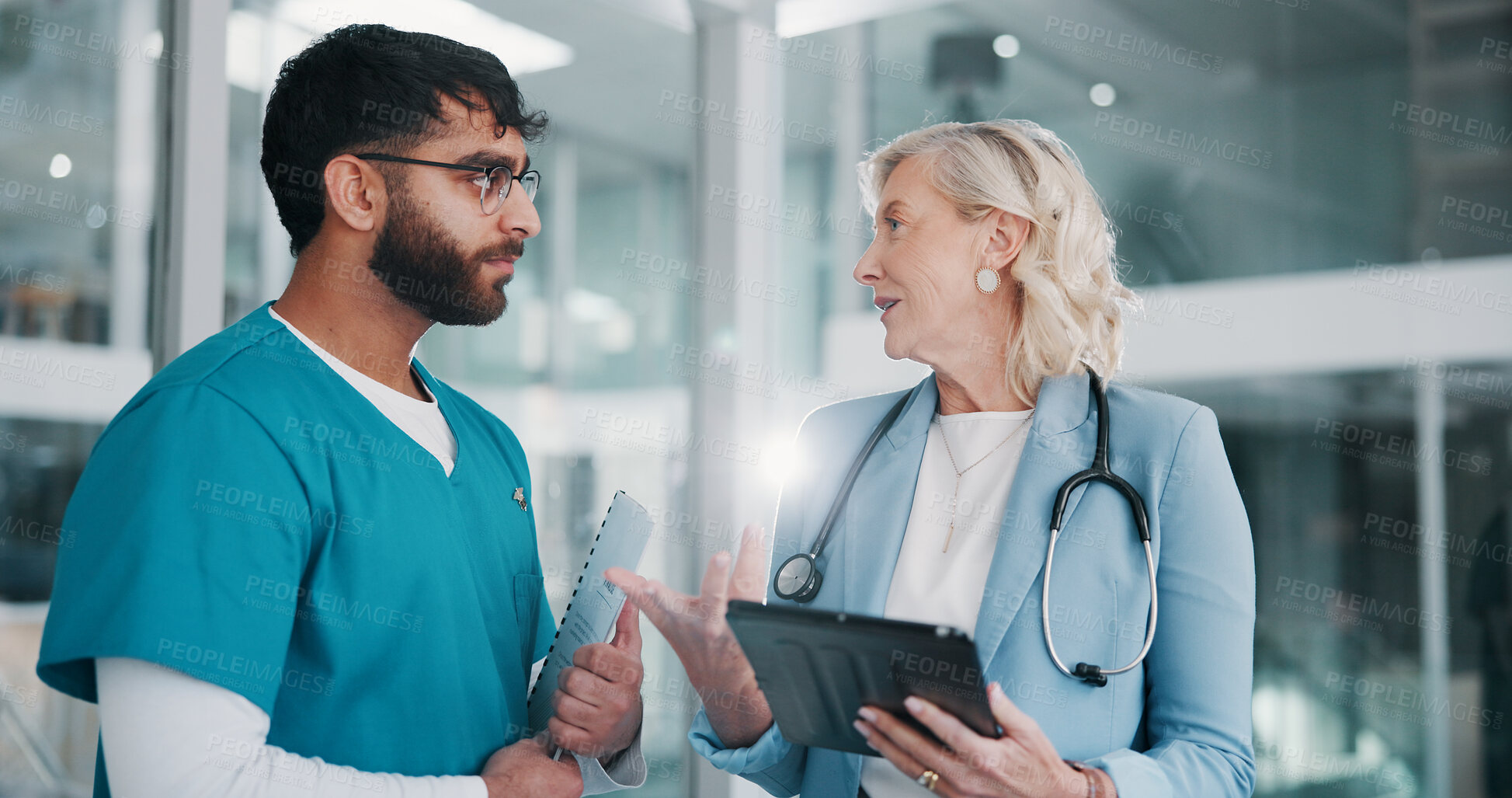 Buy stock photo Tablet, doctor and people in workplace, conversation and medical planning with cooperation. Employees, man and woman with discussion, tech or review for clinical trial, online report or collaboration