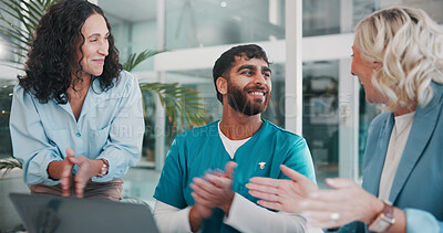 Buy stock photo Applause, laptop and medical with hospital administration team in boardroom for celebration. Computer, meeting or success with healthcare staff and manager clapping in clinic for achievement or goals