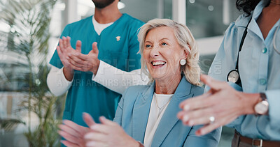 Buy stock photo Applause, healthcare and smile with hospital administration team in boardroom for celebration. Excited, meeting or success with manager and medical staff clapping in clinic for achievement or goals