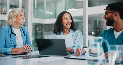 Buy stock photo People, laptop and doctor in meeting, document and healthcare with cooperation. Medical paperwork, connection and employees in clinic, pc and research for diagnosis report, feedback and conversation