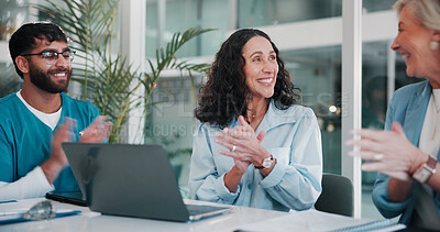 Buy stock photo Applause, healthcare and laptop with hospital administration team in boardroom for celebration. Computer, meeting or success with manager and medical staff clapping in clinic for achievement or goals