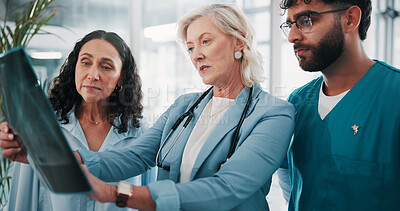 Buy stock photo Doctors, x ray and people in clinic, teamwork or diagnosis with help, feedback or healthcare. Professional, medical group and employees in hospital, assessment of scan or cooperation with radiology
