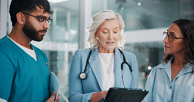 Buy stock photo Tablet, doctor and people with conversation, healthcare and planning with online results. Cooperation, man and women with medical service, tech and review for clinical trial, teamwork and report