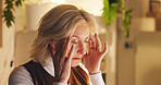 Frustrated woman, headache and night with stress in office for overworked, pressure or burnout. Mature, female person or employee with migraine, anxiety or fatigue for mental health or deadline
