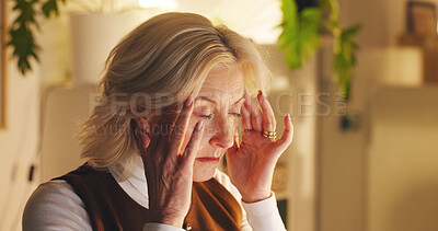 Buy stock photo Frustrated woman, headache and night with stress in office for overworked, pressure or burnout. Mature, female person or employee with migraine, anxiety or fatigue for mental health or deadline