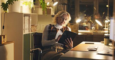 Buy stock photo Tablet, research and mature businesswoman in office at night for creative project with deadline. Communication, email and professional editor with contact for article for publishing in workplace.