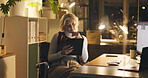 Tablet, reading and mature businesswoman in office at night for creative project with deadline. Communication, email and professional editor with contact for article for publishing in workplace.