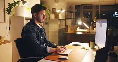 Buy stock photo Computer, research and businessman in office at night for creative project with deadline. Technology, reading and male magazine director working on article for publishing on website in workplace.