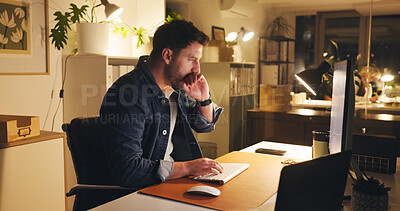 Buy stock photo Man, yawn and computer in office at night with burnout, work article and deadline. Tired person, overtime and tech for research, business info and exhausted for draft task in publishing company