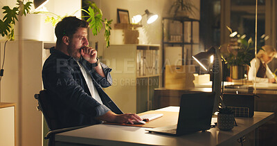 Buy stock photo Tired man, yawn and laptop in office at night with burnout, work article and deadline. Person, overtime and tech for research, business info and exhausted for draft task in publishing company