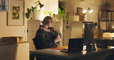 Buy stock photo Businessman, shoulder pain and night with stress on computer for joint inflammation in office. Man, employee or working late with sore neck, strain or pressure for project deadline in workplace