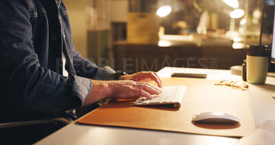 Buy stock photo Night, hands and typing in office with keyboard, online research and writing email in business. Digital planning, internet and man in workplace with computer, report and working overtime for project
