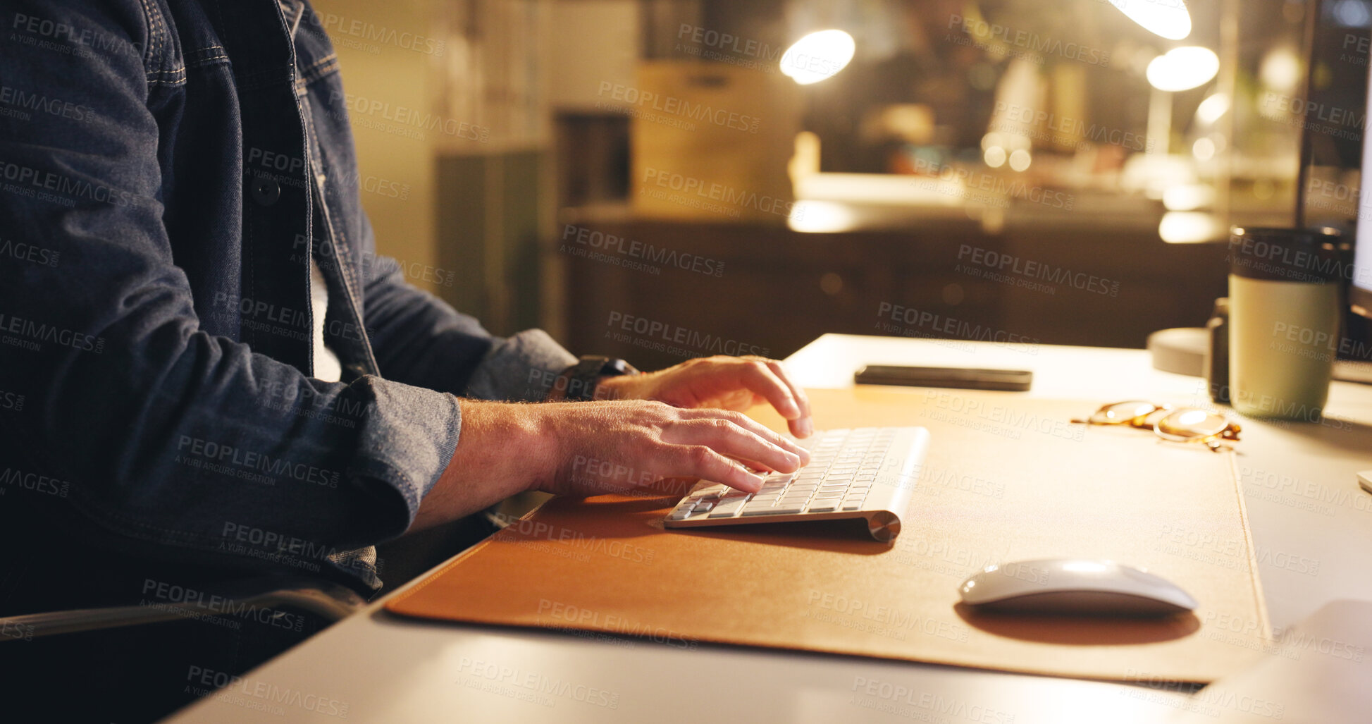 Buy stock photo Night, hands and typing in office with keyboard, online research and writing email in business. Digital planning, internet and man in workplace with computer, report and working overtime for project