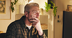 Man, reading and computer in office at night with review, work article and deadline. Mature person, overtime and tech for research, business info and thinking for draft task in publishing company