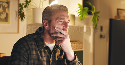 Buy stock photo Man, reading and computer in office at night with review, work article and deadline. Mature person, overtime and tech for research, business info and thinking for draft task in publishing company