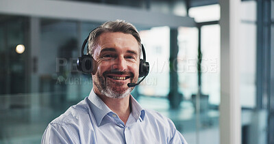 Buy stock photo Headset, happy and portrait of businessman in office with communication, contact us or crm. Smile, mic and mature male technical support consultant from London with customer service in workplace.