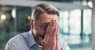 Buy stock photo Frustrated, businessman or bad news with stress for mistake, fail or financial crisis in office. Mature, man or employee with anxiety, debt or loss for project deadline or finance in workplace