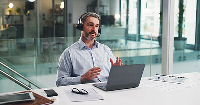 Buy stock photo Telemarketing, discussion and man with laptop in call center, talk and planning for lead generation. Agent, communication and explaining offer to contact, chat and mature person with mic for sales