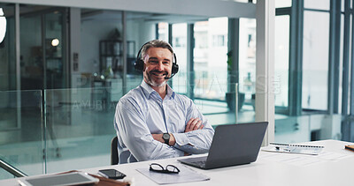 Buy stock photo Headset, laptop and portrait of businessman in office with communication, contact us or crm. Crossed arms, mic and mature technical support consultant from London with customer service in workplace.