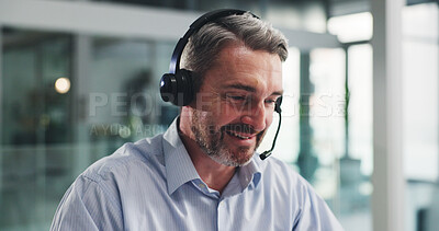 Buy stock photo Man, consultant and smile with headset for finance advice or customer service in call center office. Mature person, agent or financial advisor with computer for online inquiry or virtual assistance