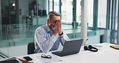 Buy stock photo Frustrated, businessman or laptop with stress for mistake, fail or bad news in office. Mature, man or financial advisor with anxiety, debt or loss for project deadline, finance or crisis in workplace