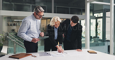 Buy stock photo Documents, planning and business people in office, meeting and budget report with profit growth review. Employees, men and woman in workplace, investment proposal and conversation with cooperation