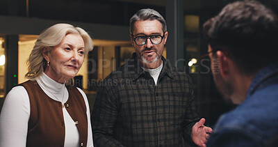 Buy stock photo Business people, review and collaboration at night for brainstorming, schedule or project deadline. Group, employees or team working late with technology for creative development or agenda in office