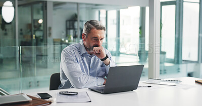 Buy stock photo Business, man and thinking with laptop in office for finance report, investment strategy or review. Financial manager, mature person and tech at firm for data analysis, budget oversight and decision