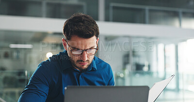 Buy stock photo Laptop, reading and research with business man in office for bills, payroll manager and audit report. Planning, budget review and accounting firm with person in agency for tax benefit and email