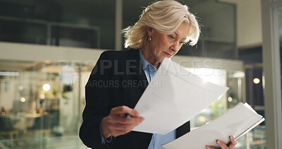 Buy stock photo Business woman, night or accountant with documents for finance or company budget in office. Mature, female person or employee working late with paperwork for accounting, expenses or cost in workplace