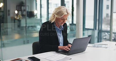 Buy stock photo Business, woman and typing on laptop in office for investment report, draft or planning. Portfolio manager, mature person and tech with documents for market data query, email or economic research