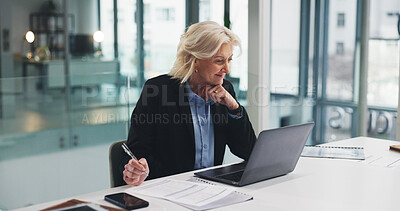 Buy stock photo Thinking, business woman or paperwork with laptop for investment strategy, IPS review or planning. Portfolio manager, mature person or happy with tech in office for capital gains or economic research