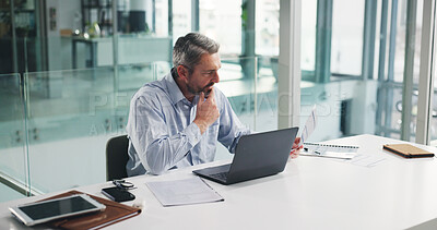 Buy stock photo Businessman, thinking and document in office for payroll, finance issue or budget audit. Mature person, laptop and paperwork for financial planning, funding information and investment solution