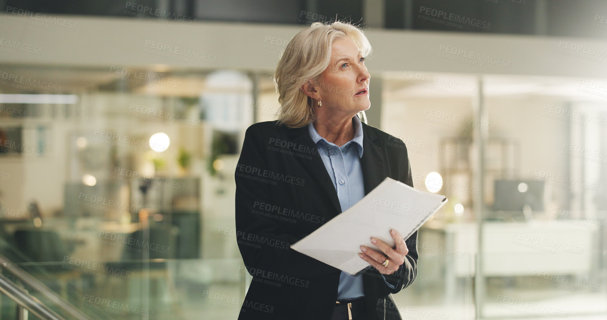 Buy stock photo Documents, planning and businesswoman in office with ideas for finance report with budget. Paperwork, thinking and professional mature female financial manager with investment proposal in workplace.