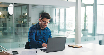 Buy stock photo Laptop, typing and glasses with business man in office for research, payroll manager and audit report. Planning, budget review and accounting firm with person in agency for tax benefit and email