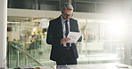 Businessman, documents and reading report at night to gather data, organize info and forecasting. Financial analyst, mature person and paperwork in office for investment analysis, planning and flare