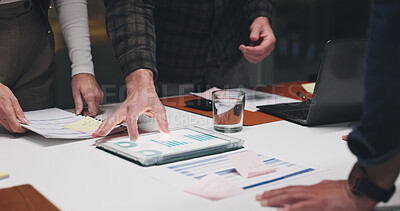 Buy stock photo Business people, hands and meeting with tablet for analytics, progress or statistics in office. Group, team or employees with technology display, graph or chart for performance review in workplace